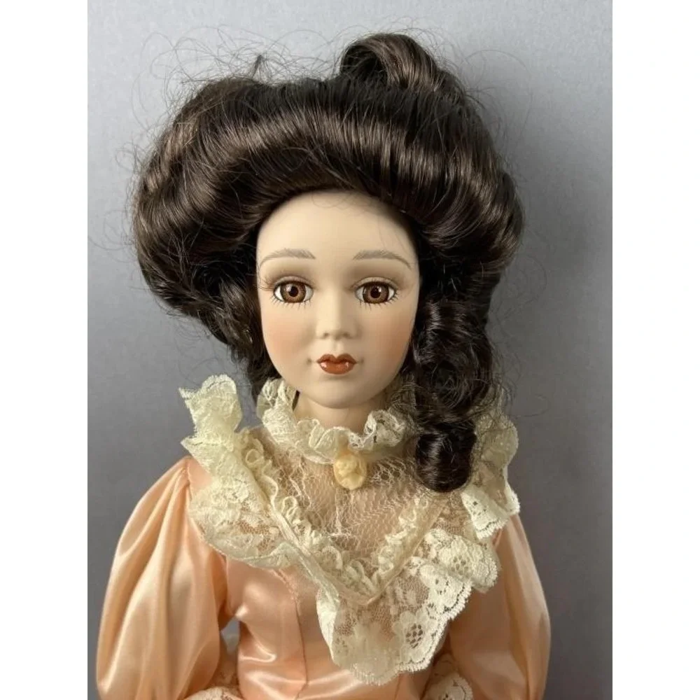 Vintage Porcelain Collector Doll Peach Satin Victorian Gown 16 Inch 1990s